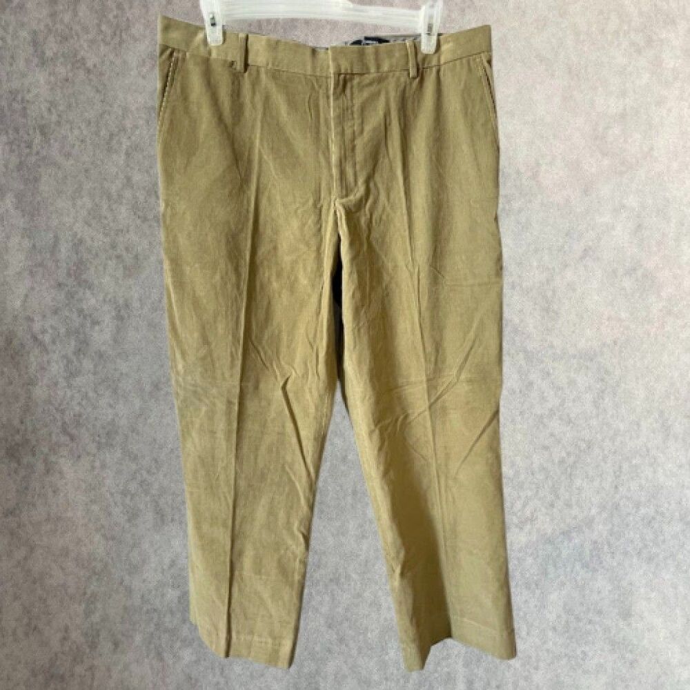 Lands’ End Corduroy Pants Mens 37x28 Beige Flat Front Straight Leg Relaxed Fit